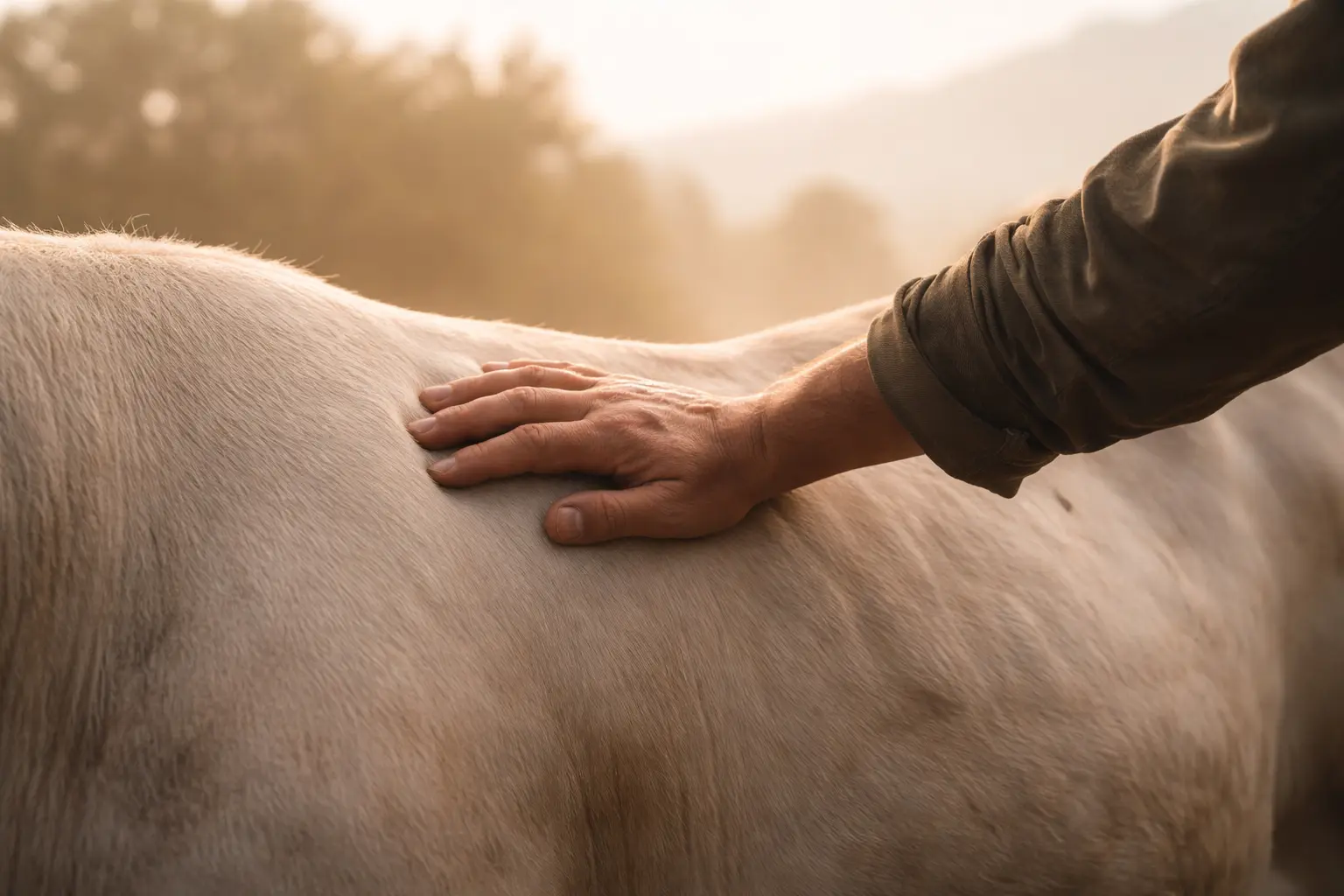 Cura e benessere: mano sul fianco della Chianina